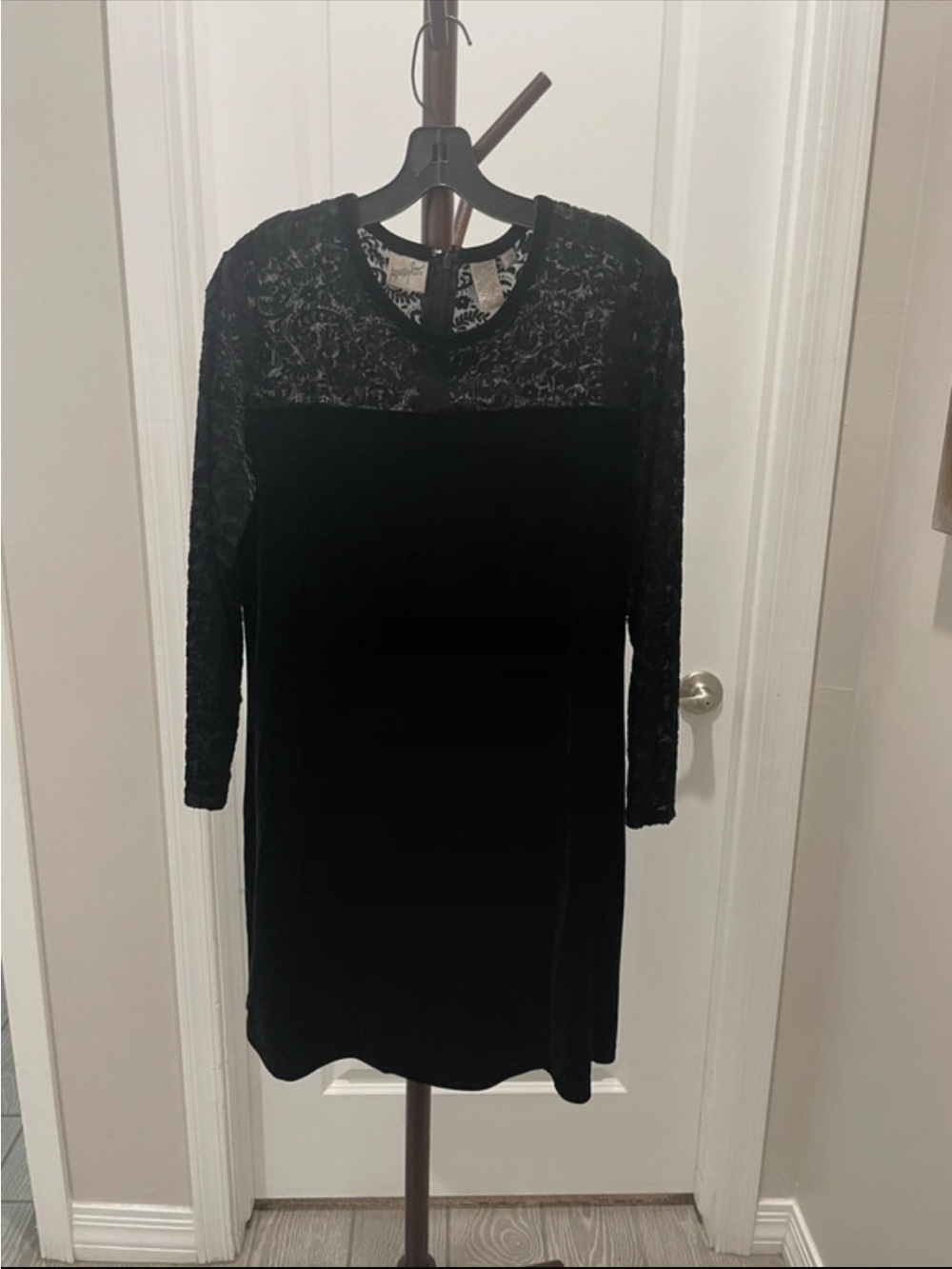 Jacqueline Ferrar Black Velvet Dress with Lace Yoke and Sleeves